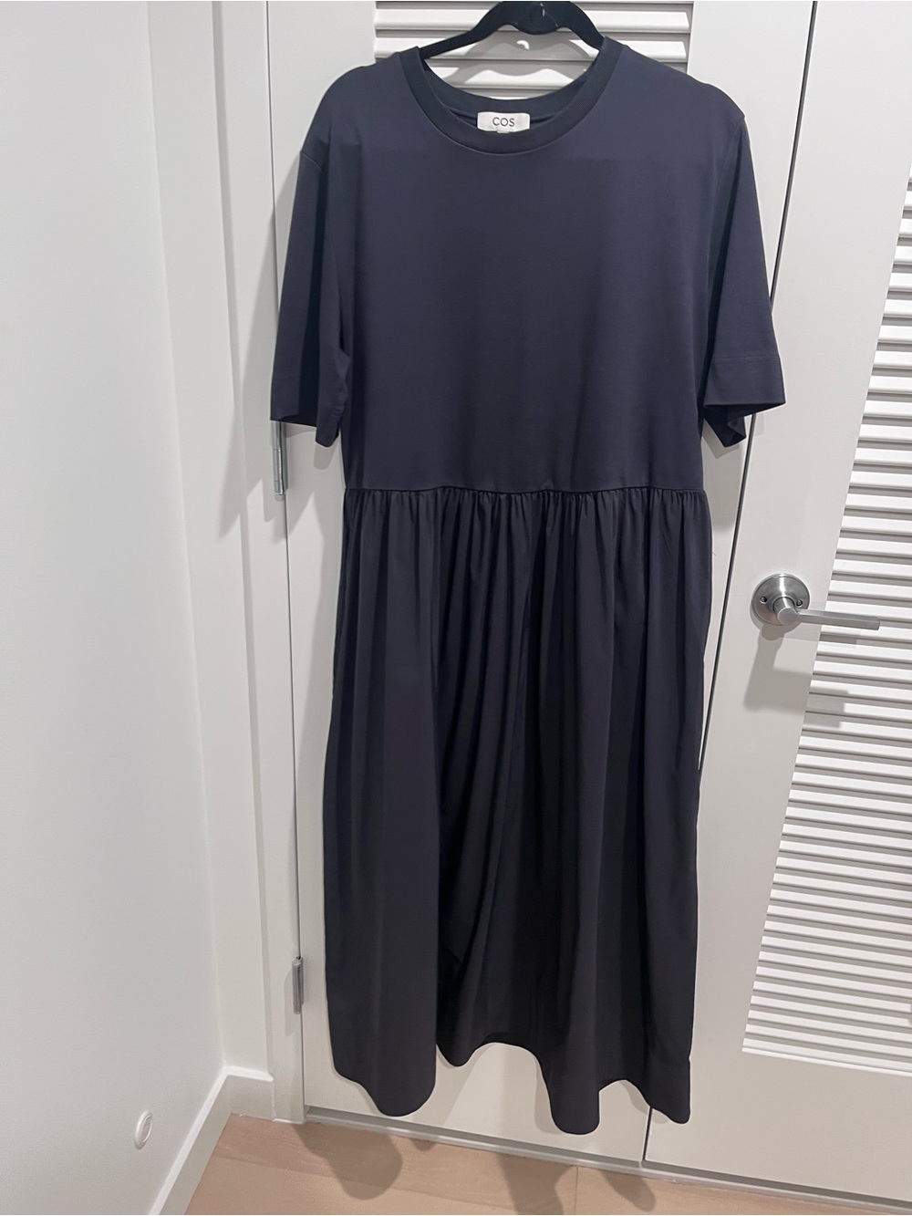 COS Navy-Blue Short Sleeve Mixed Media Maxi Dress